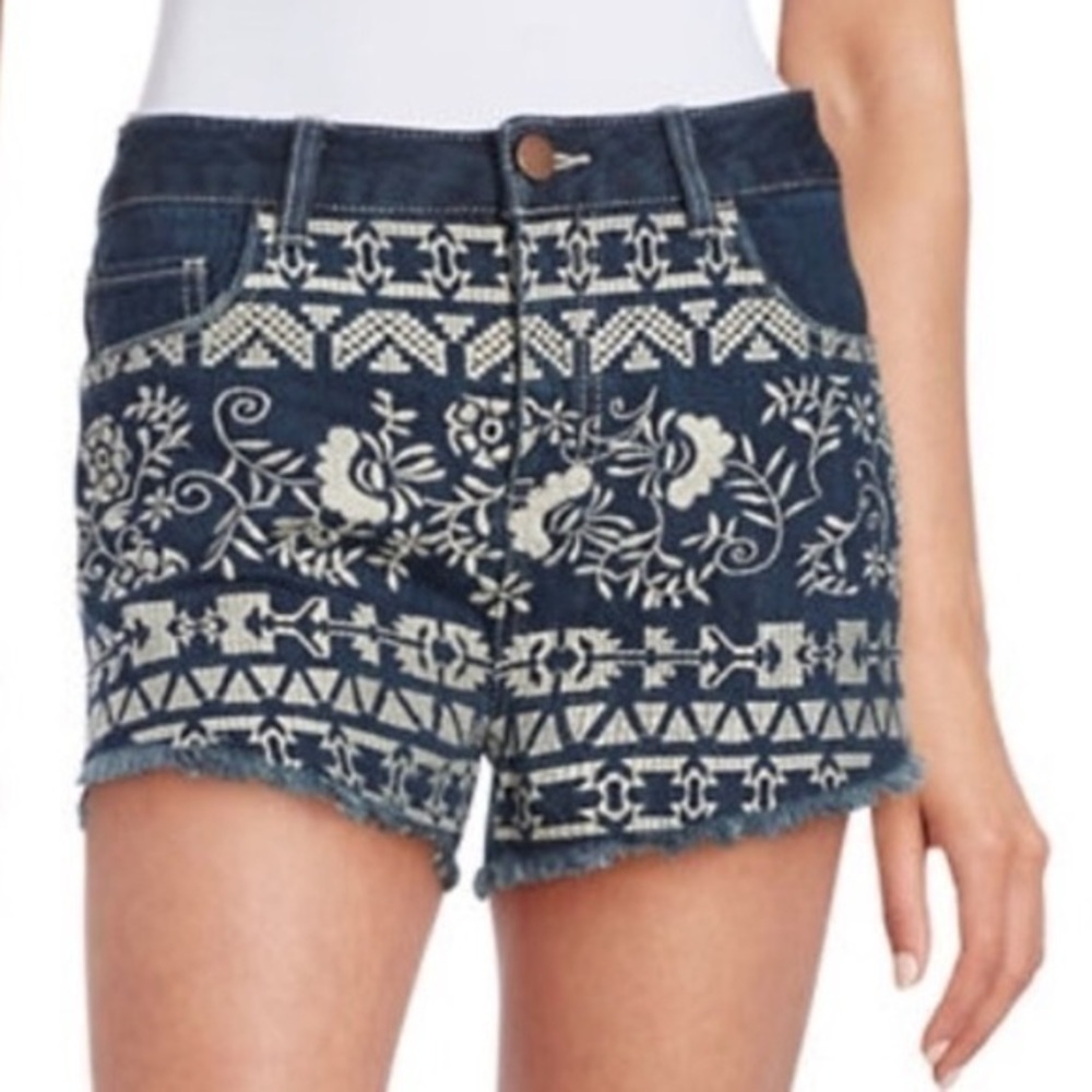 Design Lab Jean Shorts Floral Embroidery Blue Denim Fringe Boho Bohemian Trendy